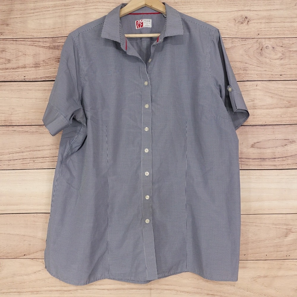 OOBE Chick-fil-A Button-Up Womens 2XL Blue Check Collared Roll Tab Sleeve Top